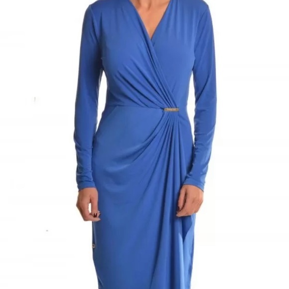 Michael Kors Long Sleeve Blue Cascade Wrap Dress - Picture 2 of 8